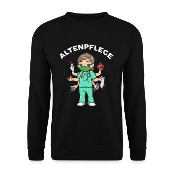 Altenpflege Alleskönner Sechsarmig Pflegekraft - Unisex Pullover - Schwarz - Vorne - Alina (178cm) & Michal (187cm)