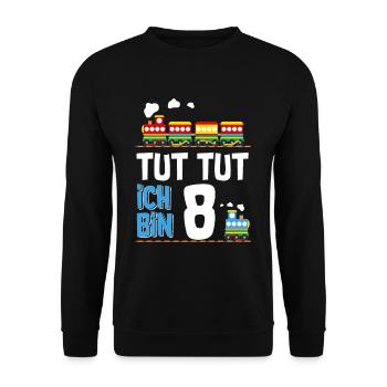 8. Geburtstag Tut Tut Eisenbahn - Unisex Pullover - Schwarz - Vorne - Alina (178cm) & Michal (187cm)