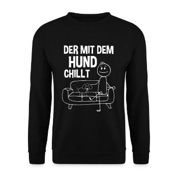 Der mit dem Hund chillt - Unisex Pullover - Schwarz - Vorne - Alina (178cm) & Michal (187cm)