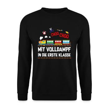 Mit Volldampf in die Erste klasse Eisenbahn Zug - Unisex Pullover - Schwarz - Vorne - Alina (178cm) & Michal (187cm)