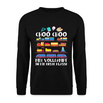 Mit Volldampf in die Erste klasse Eisenbahn Zug - Unisex Pullover - Schwarz - Vorne - Alina (178cm) & Michal (187cm)