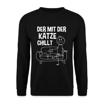 Der mit der Katze chillt - Unisex Pullover - Schwarz - Vorne - Alina (178cm) & Michal (187cm)