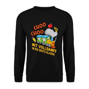 Mit Volldampf in die Erste klasse Eisenbahn Zug - Unisex Pullover - Schwarz - Vorne - Alina (178cm) & Michal (187cm)
