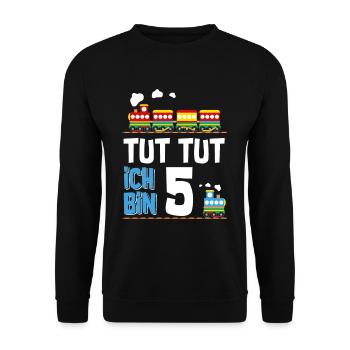 5. Geburtstag Tut Tut Eisenbahn Zug 5 Jahre - Unisex Pullover - Schwarz - Vorne - Alina (178cm) & Michal (187cm)