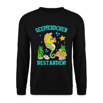 Seepferdchen Bestanden Schwimmprüfung Kinder - Unisex Pullover - Schwarz - Vorne - Alina (178cm) & Michal (187cm)