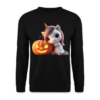 Süßes Einhorn lehnt auf Kürbis halloween - Unisex Pullover - Schwarz - Vorne - Alina (178cm) & Michal (187cm)