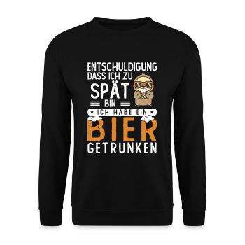 Entschuldigung dass ich zu spät bin Bier getrunken - Unisex Pullover - Schwarz - Vorne - Alina (178cm) & Michal (187cm)