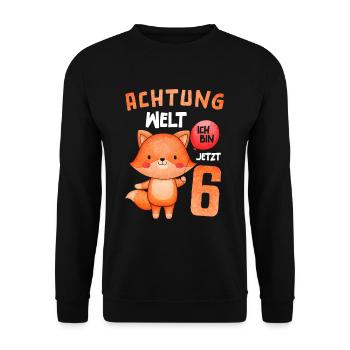 Attention au monde, j'ai maintenant 6 ans, renard - Sweat-shirt Unisexe - noir - Devant - Alina (178cm) & Michal (187cm)