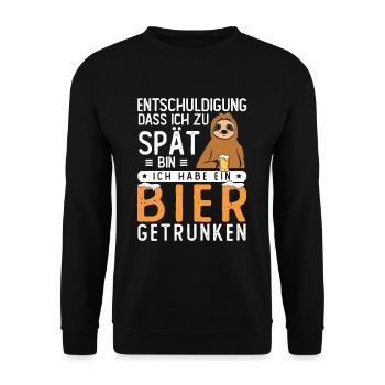 Entschuldigung dass ich zu spät bin Bier getrunken - Unisex Pullover - Schwarz - Vorne - Alina (178cm) & Michal (187cm)