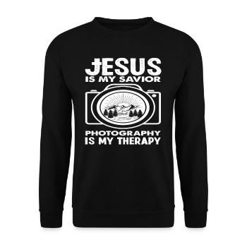 Photograph Jesus - Unisex Pullover - Schwarz - Vorne - Alina (178cm) & Michal (187cm)