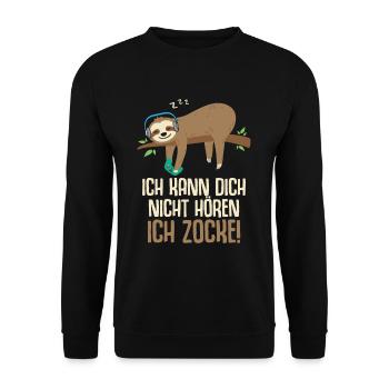 Ich kann dich nicht hören ich zocke Gamer Faultier - Unisex Pullover - Schwarz - Vorne - Alina (178cm) & Michal (187cm)