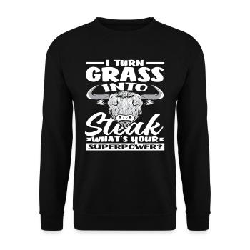 Ich Verwandle Gras In Steak Superkraft Highland - Unisex Pullover - Schwarz - Vorne - Alina (178cm) & Michal (187cm)