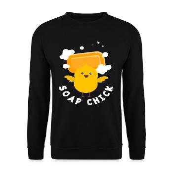 Seifen-Küken Lustiges Cartoon-Huhn - Unisex Pullover - Schwarz - Vorne - Alina (178cm) & Michal (187cm)