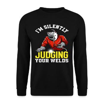 Schweißer Humor Ich Beurteile Deine Nähte - Unisex Pullover - Schwarz - Vorne - Alina (178cm) & Michal (187cm)