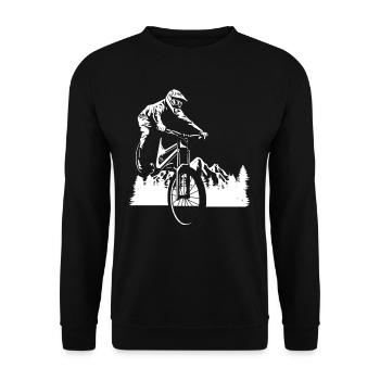 Mountainbike Abenteuer im Wald - Unisex Pullover - Schwarz - Vorne - Alina (178cm) & Michal (187cm)