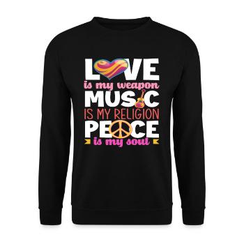 Love is my weapon, music is my religion, - Unisex Sweatshirt - black - Front - Alina (178cm) & Michal (187cm)