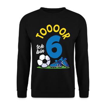 Tor Fußball Ich bin 6 Kindergeburtstag - Unisex Pullover - Schwarz - Vorne - Alina (178cm) & Michal (187cm)