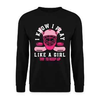 I play like a girl field hockey player - Unisex Sweatshirt - black - Front - Alina (178cm) & Michal (187cm)