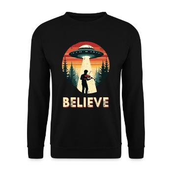 Bratsche Viola Geige Alien UFO Believe Retro - Unisex Pullover - Schwarz - Vorne - Alina (178cm) & Michal (187cm)