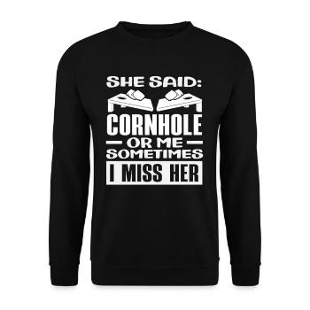Cornhole Spieler: Manchmal Vermisse Ich Sie - Unisex Pullover - Schwarz - Vorne - Alina (178cm) & Michal (187cm)