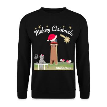Weihnachten Leuchtturm Staberhuk Fehmarn, Wolf - Unisex Pullover - Schwarz - Vorne - Alina (178cm) & Michal (187cm)