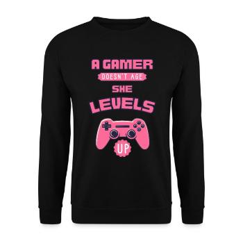 Gamer steigt mit pinkem Controller auf - Unisex Pullover - Schwarz - Vorne - Alina (178cm) & Michal (187cm)