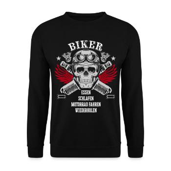 Biker - Essen - Schlafen - Motorrad fahren - Unisex Pullover - Schwarz - Vorne - Alina (178cm) & Michal (187cm)