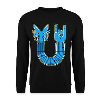 Blaue U-Form Gitarre mit Rock Hand - Unisex Pullover - Schwarz - Vorne - Alina (178cm) & Michal (187cm)