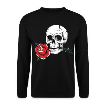 Skull Rose Tattoo Stil für Rock und Tattoo Fans - Unisex Pullover - Schwarz - Vorne - Alina (178cm) & Michal (187cm)