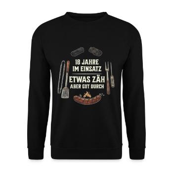 Grillmeister 18. Geburtstag - Geschenk für Männer - Unisex Pullover - Schwarz - Vorne - Alina (178cm) & Michal (187cm)