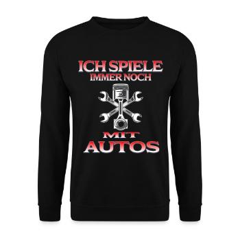 Auto Shirt – Ich spiele immer noch mit Autos - Unisex Pullover - Schwarz - Vorne - Alina (178cm) & Michal (187cm)