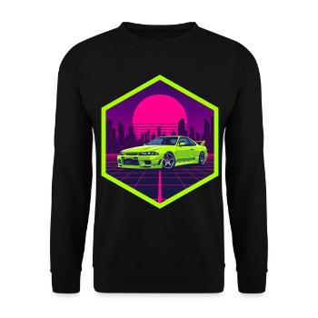90er Synthwave R32 Limettengrüner JDM Neon Hex-Aufkleber - Unisex Pullover - Schwarz - Vorne - Alina (178cm) & Michal (187cm)