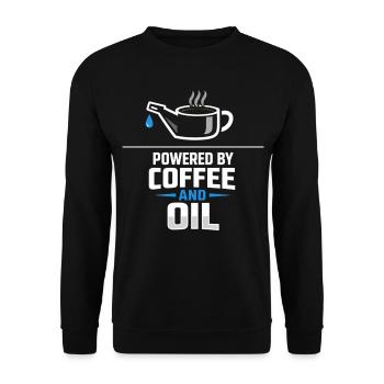 Powered By Coffee And Oil Schrauber Spruch Kaffee - Unisex Pullover - Schwarz - Vorne - Alina (178cm) & Michal (187cm)