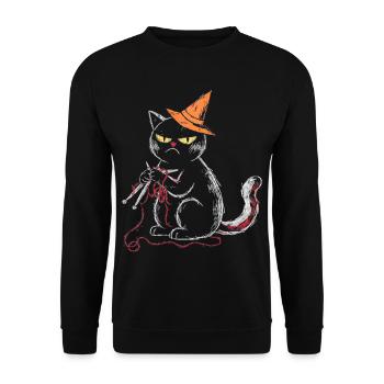 Schwarze Mürrische Katze Stricken Hexenhut T-Shirt - Unisex Pullover - Schwarz - Vorne - Alina (178cm) & Michal (187cm)