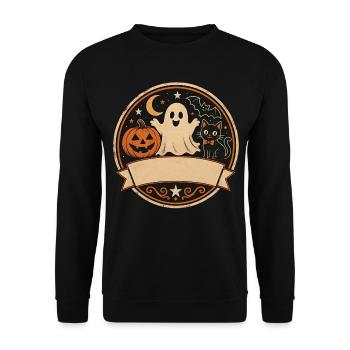 Gespenst Kürbis Katze T-Shirt Halloween Retro - Unisex Pullover - Schwarz - Vorne - Alina (178cm) & Michal (187cm)