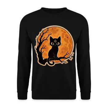 Schwarze Katze vor Vollmond Halloween Motiv - Unisex Pullover - Schwarz - Vorne - Alina (178cm) & Michal (187cm)