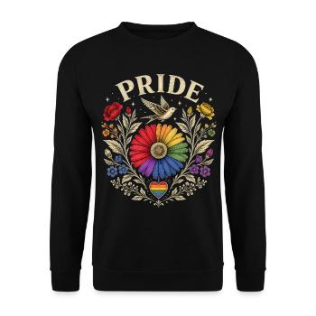 PRIDE T-Shirt Regenbogen Blume Friedenstaube CSD - Unisex Pullover - Schwarz - Vorne - Alina (178cm) & Michal (187cm)