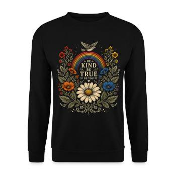 Be Kind Be True Be You T-Shirt Vintage Blumen Art - Unisex Pullover - Schwarz - Vorne - Alina (178cm) & Michal (187cm)