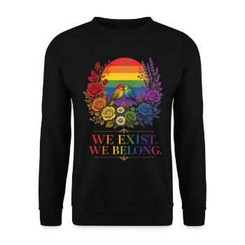 Regenbogen Vögel und Blumen Motiv für Vielfalt - Unisex Pullover - Schwarz - Vorne - Alina (178cm) & Michal (187cm)
