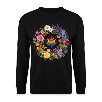 Regenbogen Sonne Blumenkranz T-Shirt Schmetterling - Unisex Pullover - Schwarz - Vorne - Alina (178cm) & Michal (187cm)