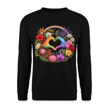 Regenbogen Herz mit Blumen und Händen Pride Proud - Unisex Pullover - Schwarz - Vorne - Alina (178cm) & Michal (187cm)