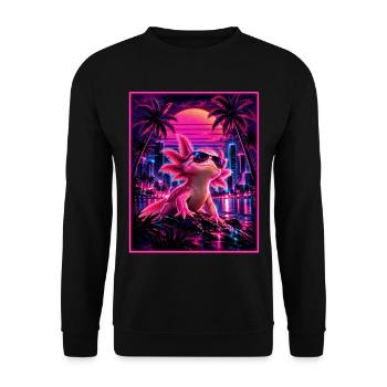Retro Synthwave Axolotl – 80er Neon Design - Unisex Pullover - Schwarz - Vorne - Alina (178cm) & Michal (187cm)