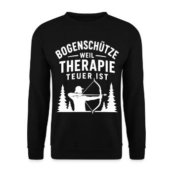 Bogenschütze Spruch: Therapie Teuer - Unisex Pullover - Schwarz - Vorne - Alina (178cm) & Michal (187cm)