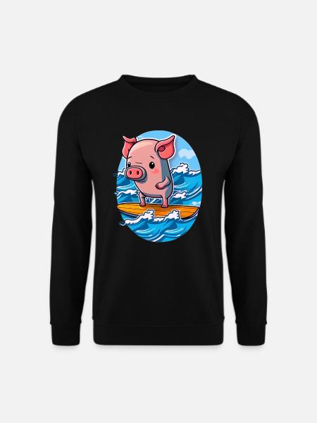 Süßes Schwein im Meer auf Surfboard surft surfen - Unisex Pullover - Schwarz