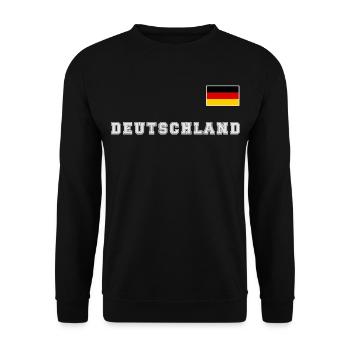 Deutschland Trikot Look mit Fahne Flagge auf Brust - Unisex Pullover - Schwarz - Vorne - Alina (178cm) & Michal (187cm)