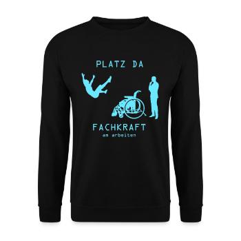 Platz da Fachkraft am Arbeiten retro Geschenkidee - Unisex Pullover - Schwarz - Vorne - Alina (178cm) & Michal (187cm)
