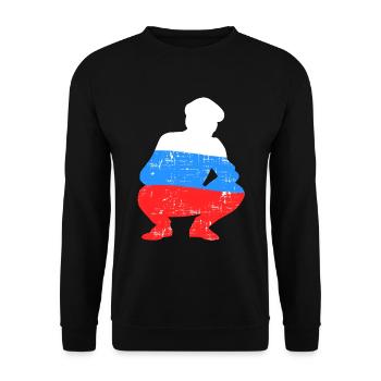 Holzrusse in Russenhocke Bra Bratan Russia blyad R - Unisex Pullover - Schwarz - Vorne - Alina (178cm) & Michal (187cm)