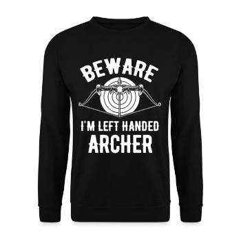 Vorsicht, Ich Bin Linkshänder, Bogenschütze, - Unisex Pullover - Schwarz - Vorne - Alina (178cm) & Michal (187cm)