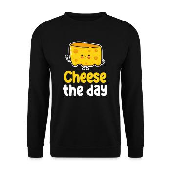 Cheese a day! Puns Cheddar Mozzarella - Unisex Sweatshirt - black - Front - Alina (178cm) & Michal (187cm)