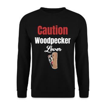 Caution: woodpecker lovers, bird watchers, - Unisex Sweatshirt - black - Front - Alina (178cm) & Michal (187cm)